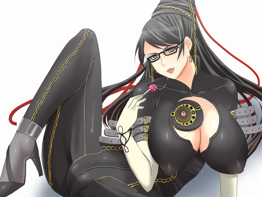 bayonetta bayonetta_(character) black_eyes black_hair breasts candy cleavage covered_nipples eyeshadow food glasses huge_breasts licking lollipop long_hair makeup mole mole_under_mouth rick.black saliva saliva_trail solo