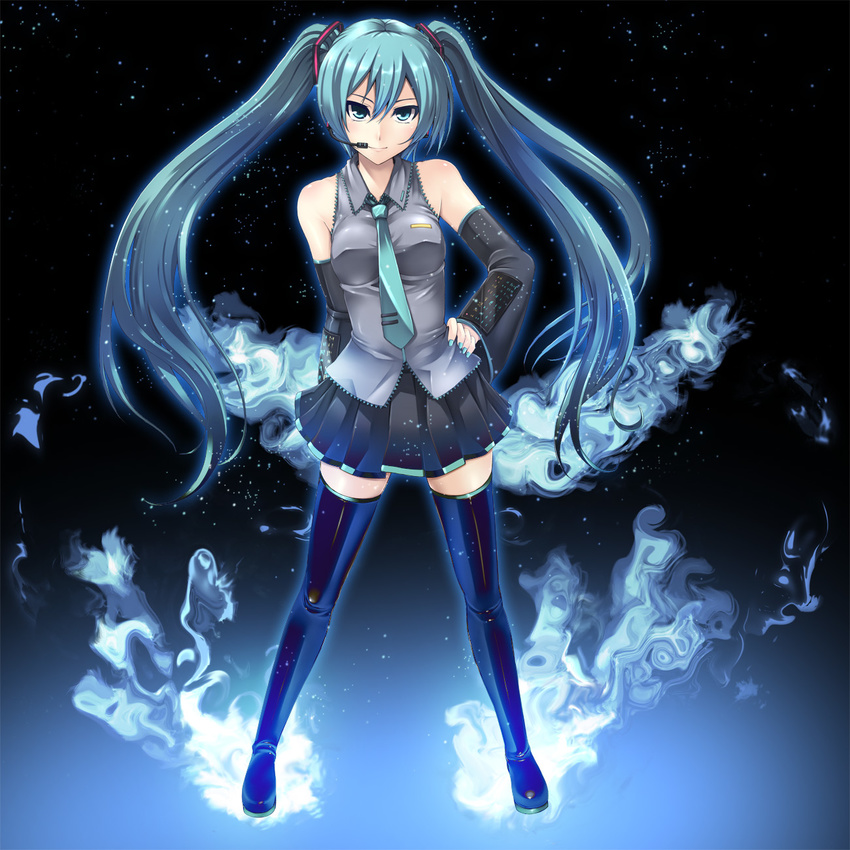 aqua_eyes aqua_hair asu_hare bad_id bad_pixiv_id blue detached_sleeves hatsune_miku headset highres long_hair necktie skirt solo thighhighs twintails vocaloid zettai_ryouiki