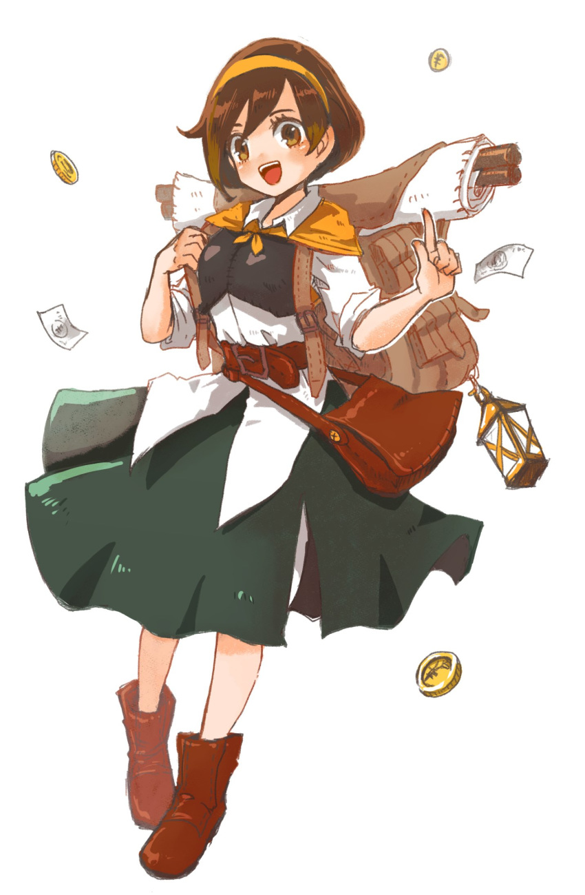 1girl bag blush brown_eyes brown_hair coin cosplay creatures_(company) dress female_protagonist_(pokemon_swsh) game_freak hanimitsu_(bisko) hat highres jewelry looking_at_viewer nintendo octopath_traveler open_mouth pokemon pokemon_(game) pokemon_swsh short_hair simple_background smile solo tressa_(octopath_traveler) tressa_(octopath_traveler)_(cosplay)