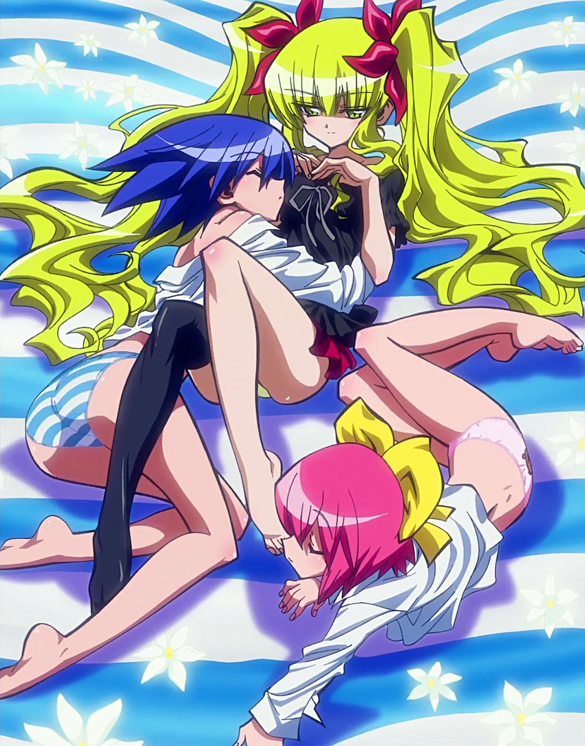 ass barefoot blonde_hair blue_hair closed_eyes feet highres kuchinashi_(needless) legs long_legs mio_(needless) multiple_girls needless non-web_source panties pink_hair ribbon screencap setsuna_(needless) single_thighhigh stitched striped striped_panties thighhighs third-party_edit underwear yuri