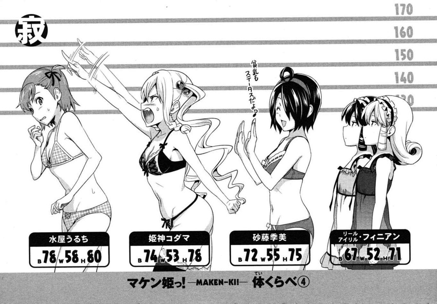 a_flat_chest_is_a_status_symbol ailil_finian bra breast_envy breasts bust_chart eighth_note flat_chest from_side greyscale hair_over_one_eye height_chart himegami_kodama lineup lingerie maken-ki! medium_breasts minaya_uruchi monochrome multiple_girls musical_note non-web_source panties profile reel_finian satou_kimi siblings sisters small_breasts stats takeda_hiromitsu thong twins twintails underwear underwear_only