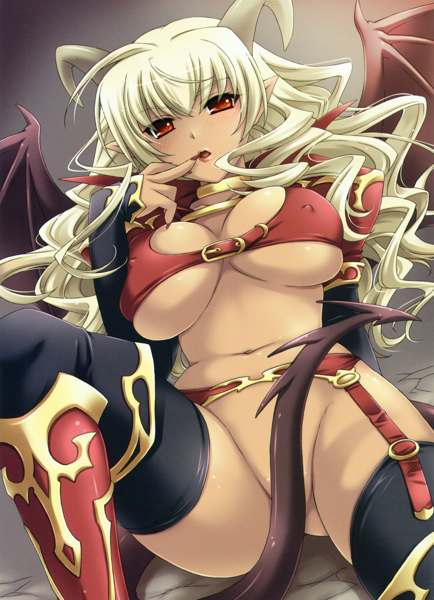 absurdres blonde_hair breasts cleavage convenient_censoring copyright_request covered_nipples demon_girl highres horns huge_filesize large_breasts long_hair pointy_ears red_eyes saeki_hokuto solo tail thighhighs underboob wings