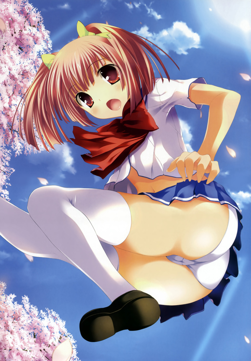 absurdres artist_request ass blurry cameltoe copyright_request hair_ribbon highres panties pantyshot pink_hair red_eyes ribbon school_uniform solo thighhighs underwear