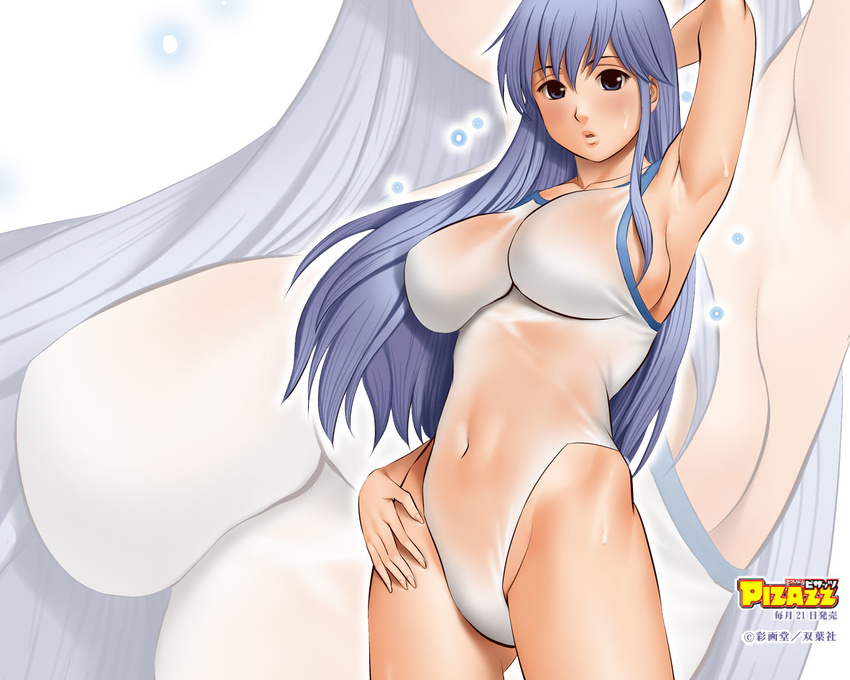 action_pizazz arm_up armpits blue_eyes breasts impossible_clothes impossible_swimsuit large_breasts long_hair one-piece_swimsuit purple_hair saigadou see-through solo swimsuit wallpaper zoom_layer