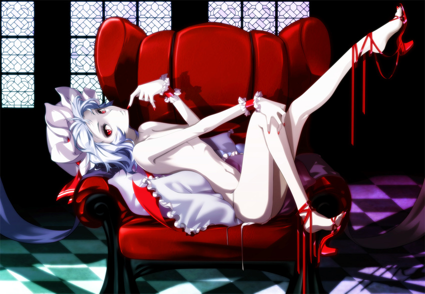 ankle_ribbon armchair bad_id bad_pixiv_id bat_wings blue_hair chair checkered cross-laced_footwear cushion eyelashes eyeshadow finger_to_face flat_chest hat high_heels hong_(white_spider) lavender_hair makeup nail_polish nude pale_skin panties pillow red_eyes red_nails remilia_scarlet ribbon shoe_dangle shoes short_hair side-tie_panties skinny slit_pupils solo toenail_polish touhou underwear untied untied_panties white_panties window wings wrist_cuffs
