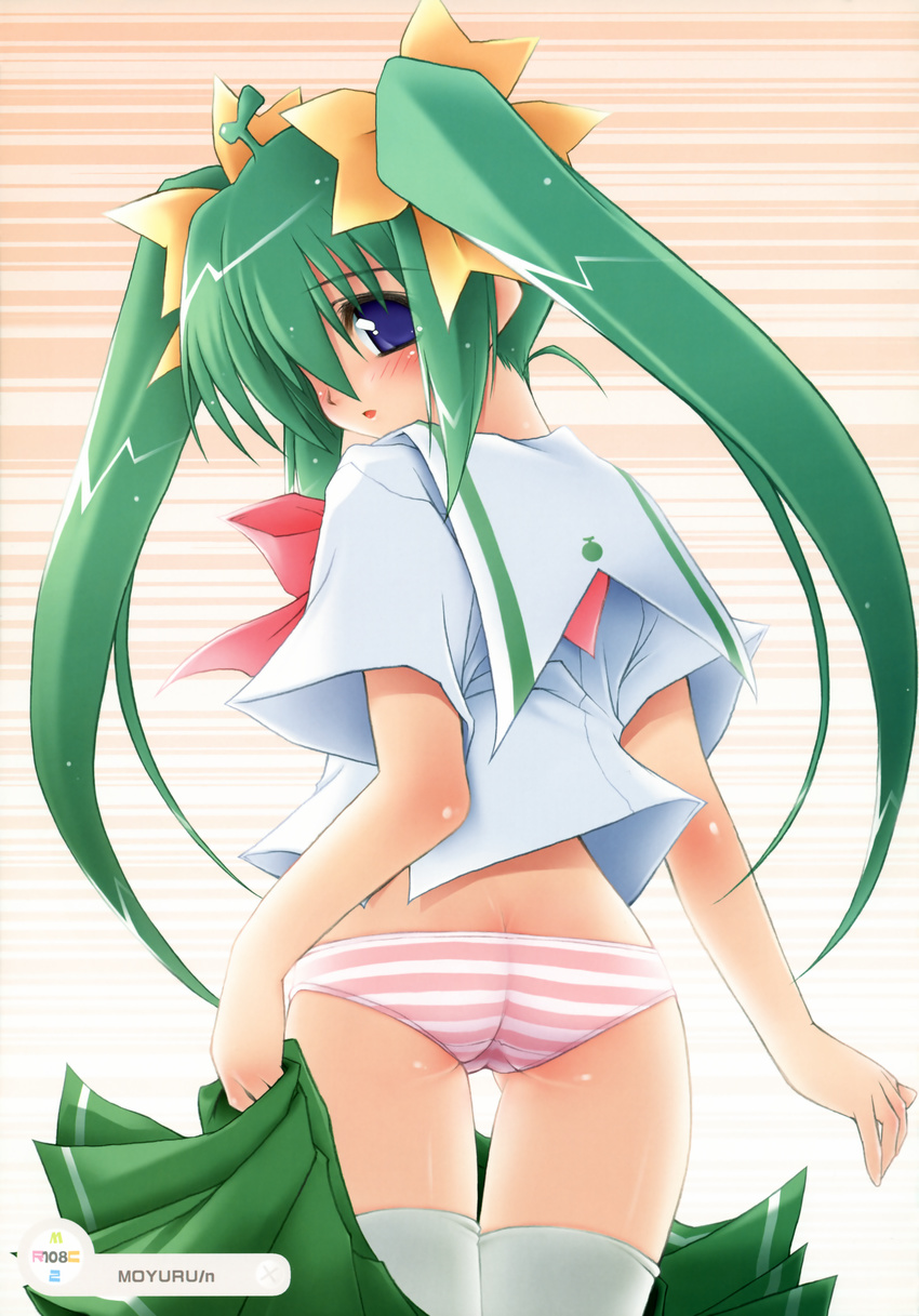 absurdres ass blue_eyes bow green_hair highres huge_filesize melon-chan melonbooks moyuru panties school_uniform solo striped striped_panties twintails underwear undressing yellow_bow