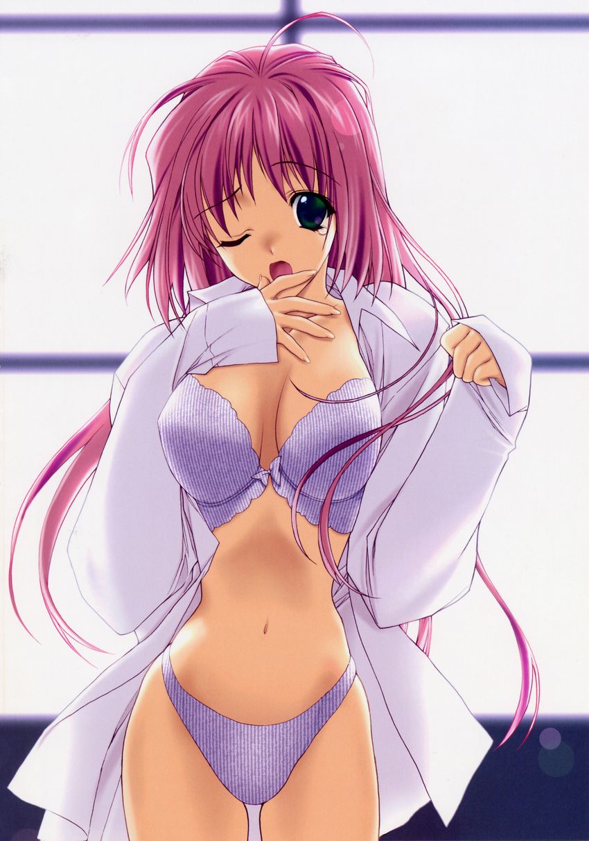 absurdres breasts copyright_request highres large_breasts long_hair midriff open_clothes open_mouth open_shirt panties scan shirt solo suzuhira_hiro underwear