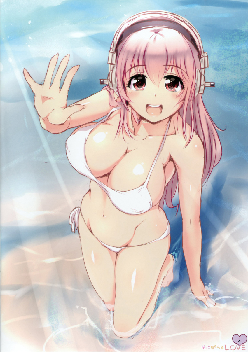 1girl bikini blush breasts cleavage ganari_ryuu headphones highres large_breasts long_hair looking_at_viewer navel nitroplus ocean open_mouth pink_eyes pink_hair scan shiny shiny_skin side-tie_bikini sketch smile solo super_sonico swimsuit wading water