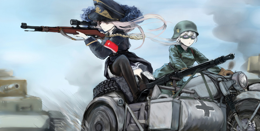 2girls aiming bolt_action girls_frontline goocn ground_vehicle gun hat helmet iron_cross kar98k_(girls_frontline) machine_gun mauser_98 mg42 mg42_(girls_frontline) military military_vehicle motor_vehicle motorcycle multiple_girls peaked_cap scope tank weapon wehrmacht world_war_ii