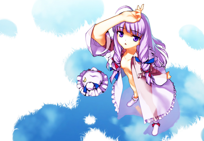 hat highres long_hair no_bra no_panties open_clothes open_robe patchouli_knowledge purple_eyes purple_hair robe solo tianjin_cat touhou