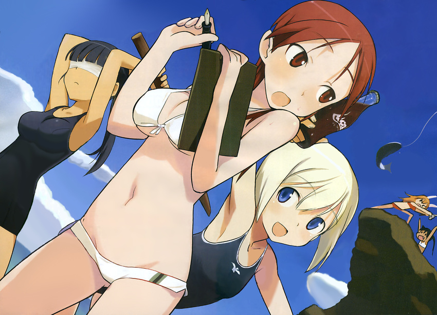 arms_up bikini black_hair blindfold blonde_hair blue_eyes brown_eyes brown_hair charlotte_e_yeager clipboard day erica_hartmann fish fishing francesca_lucchini front-tie_top long_hair lowleg midriff minna-dietlinde_wilcke multiple_girls navel one-piece_swimsuit ponytail sakamoto_mio school_swimsuit shimada_fumikane short_hair sky strike_witches suikawari swimsuit sword weapon world_witches_series