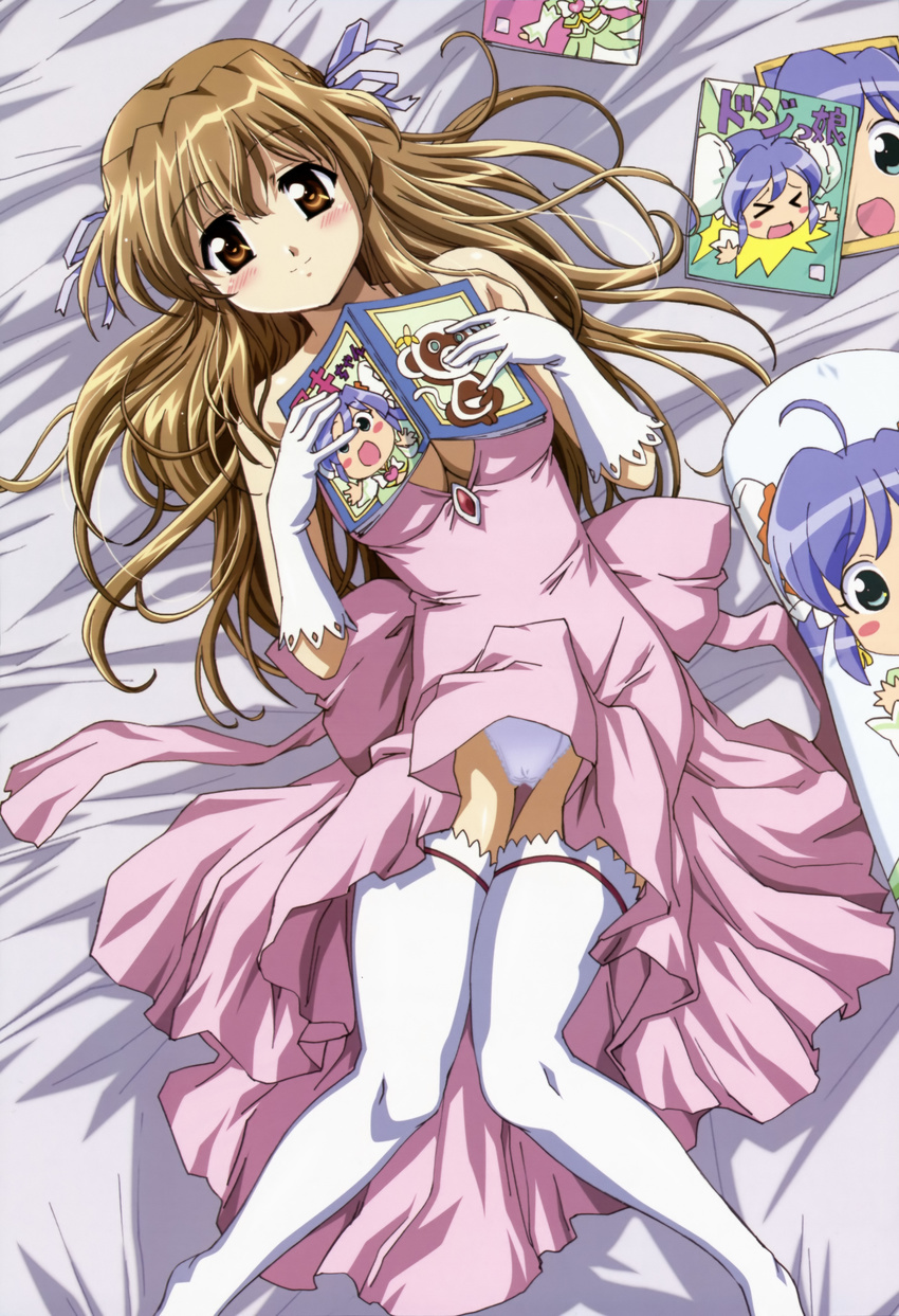 &gt;_&lt; absurdres ahoge bed bed_sheet blush book breasts brown_hair cleavage closed_eyes dakimakura_(object) dojikko_aki-chan elbow_gloves gloves green_eyes highres ishikawa_masakazu large_breasts long_hair nogizaka_haruka nogizaka_haruka_no_himitsu nyantype official_art open_mouth panties pantyshot pillow solo thighhighs underwear very_long_hair white_legwear