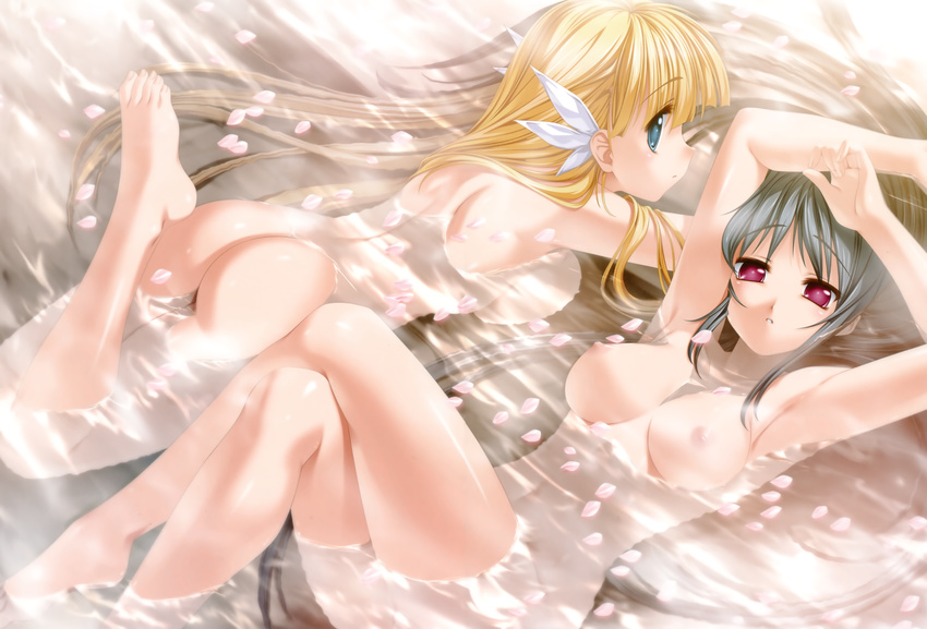 absurdres armpits arms_up arue_(princess_frontier) ass back barefoot bathing black_hair blonde_hair blue_eyes breast_press breasts cherry_blossoms crossed_legs feet highres huge_filesize large_breasts leki_lockheart long_hair lying multiple_girls nipples nude on_back on_stomach petals princess_frontier purple_eyes scan senomoto_hisashi sideboob very_long_hair water