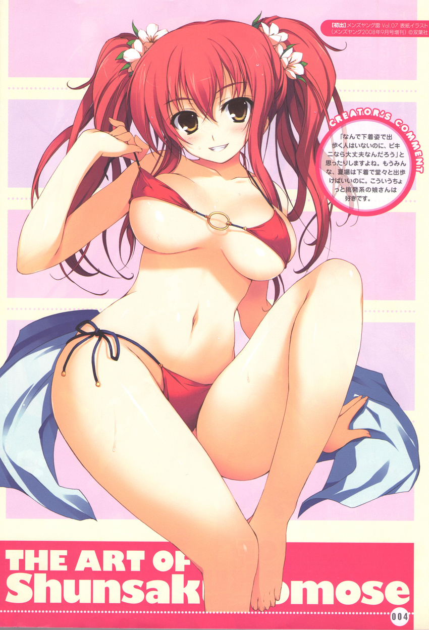 absurdres barefoot bikini blush breasts copyright_request flower hair_flower hair_ornament highres large_breasts red_hair side-tie_bikini smile solo swimsuit tomose_shunsaku twintails underboob yellow_eyes