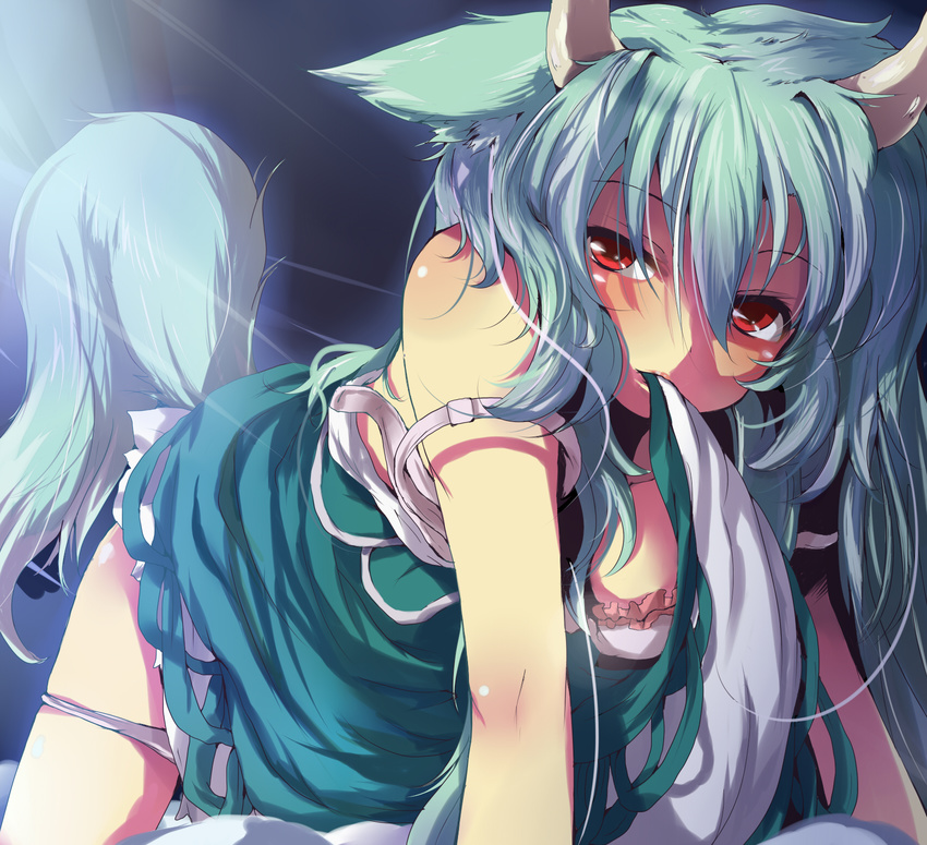 all_fours animal_ears bad_id bad_pixiv_id ex-keine green_hair highres horns kamishirasawa_keine long_hair mouth_hold naughty_face nejime panties panty_pull red_eyes solo strap_slip tail touhou underwear