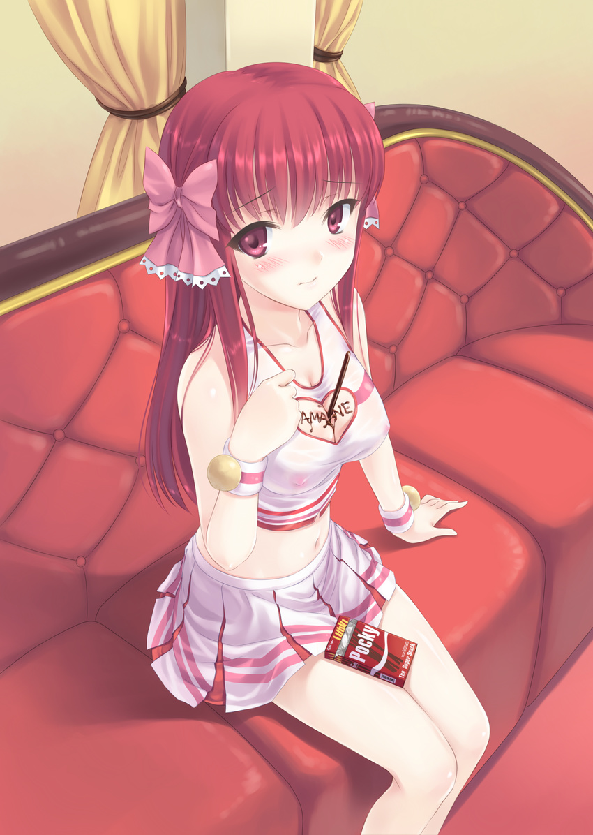 amane_(dream_c_club) bad_id bad_pixiv_id between_breasts blush bow breasts cheerleader chocolate cleavage cleavage_cutout covered_nipples dream_c_club dream_c_club_(series) embarrassed feet_out_of_frame food food_writing hair_bow heart heart_cutout highres hiten_(hitenkei) medium_breasts midriff navel pocky purple_eyes red_hair see-through sitting skirt solo