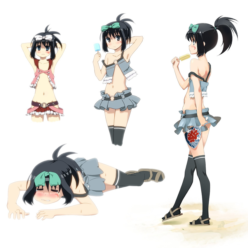 armpits arms_behind_back arms_up bare_shoulders black_hair black_legwear blue_eyes blush bow closed_eyes crescent duplicate fan flat_chest food hair_bow highres kunihiro_hajime lying midiman midriff multiple_views navel non-web_source ponytail popsicle revealing_clothes saki sandals short_hair star strap_slip sweat tattoo thighhighs