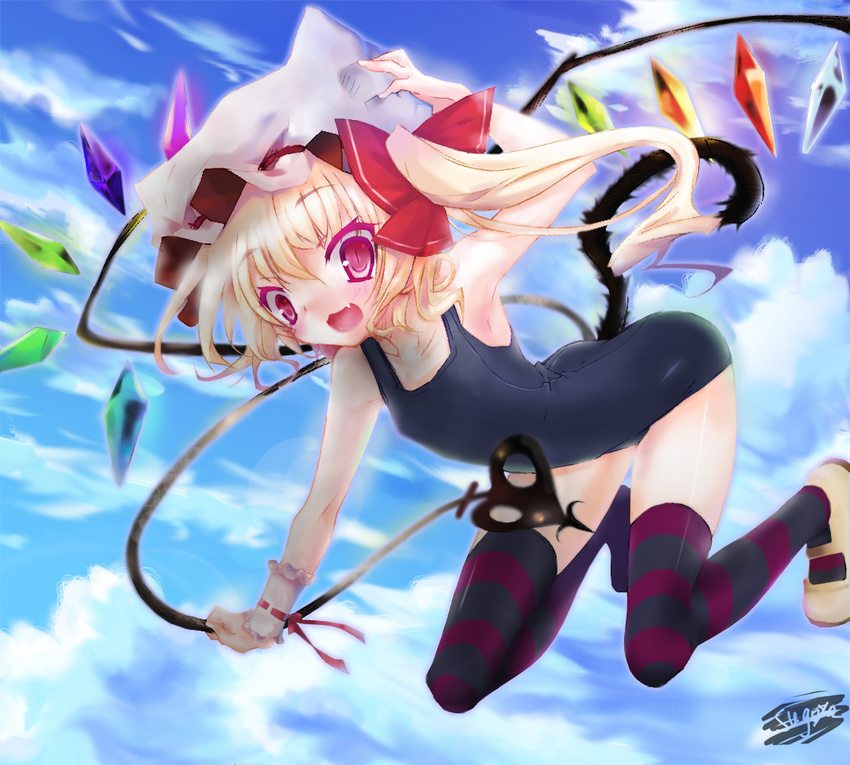 bad_id bad_pixiv_id blonde_hair cat_tail day enoki_shiki fang flandre_scarlet flying hat laevatein mary_janes red_eyes school_swimsuit shoes sky solo striped striped_legwear swimsuit tail thighhighs touhou wings