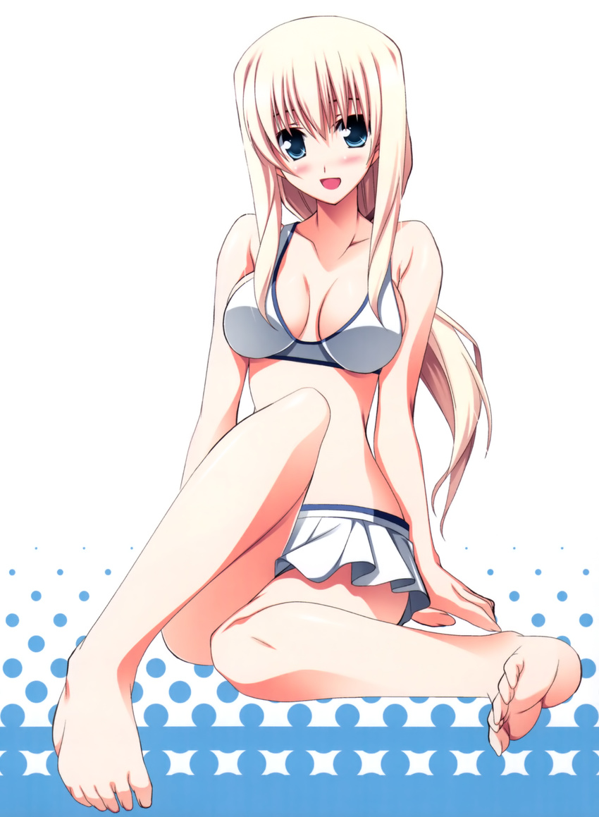 :d absurdres barefoot bikini bikini_skirt blonde_hair blue_eyes blush breasts breasts_apart copyright_request feet halftone halftone_background highres long_hair medium_breasts open_mouth ponytail simple_background sitting smile solo swimsuit toes yuuki_makoto_(radiant)