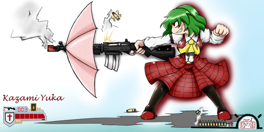 arm_garter ascot black_legwear bloodycat breasts casing_ejection green_hair grin gun kazami_yuuka medium_breasts no_nose pantyhose plaid plaid_skirt plaid_vest red_eyes shell_casing short_hair sideways_mouth skirt skirt_set smile smoke smoking_gun solo touhou umbrella_gun vest weapon