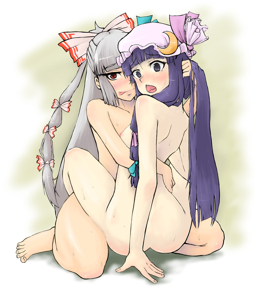 :p absurdres arm_support ass back bad_id bad_pixiv_id bangs blunt_bangs blush bow feet flat_chest fujiwara_no_mokou hair_bow hair_ribbon hands hat highres hug kneeling legs licking_lips long_hair makaze_(t-junction) multiple_girls nipples nude patchouli_knowledge purple_eyes purple_hair red_eyes ribbon silver_hair sitting sitting_on_lap sitting_on_person sweat tongue tongue_out touhou very_long_hair yuri