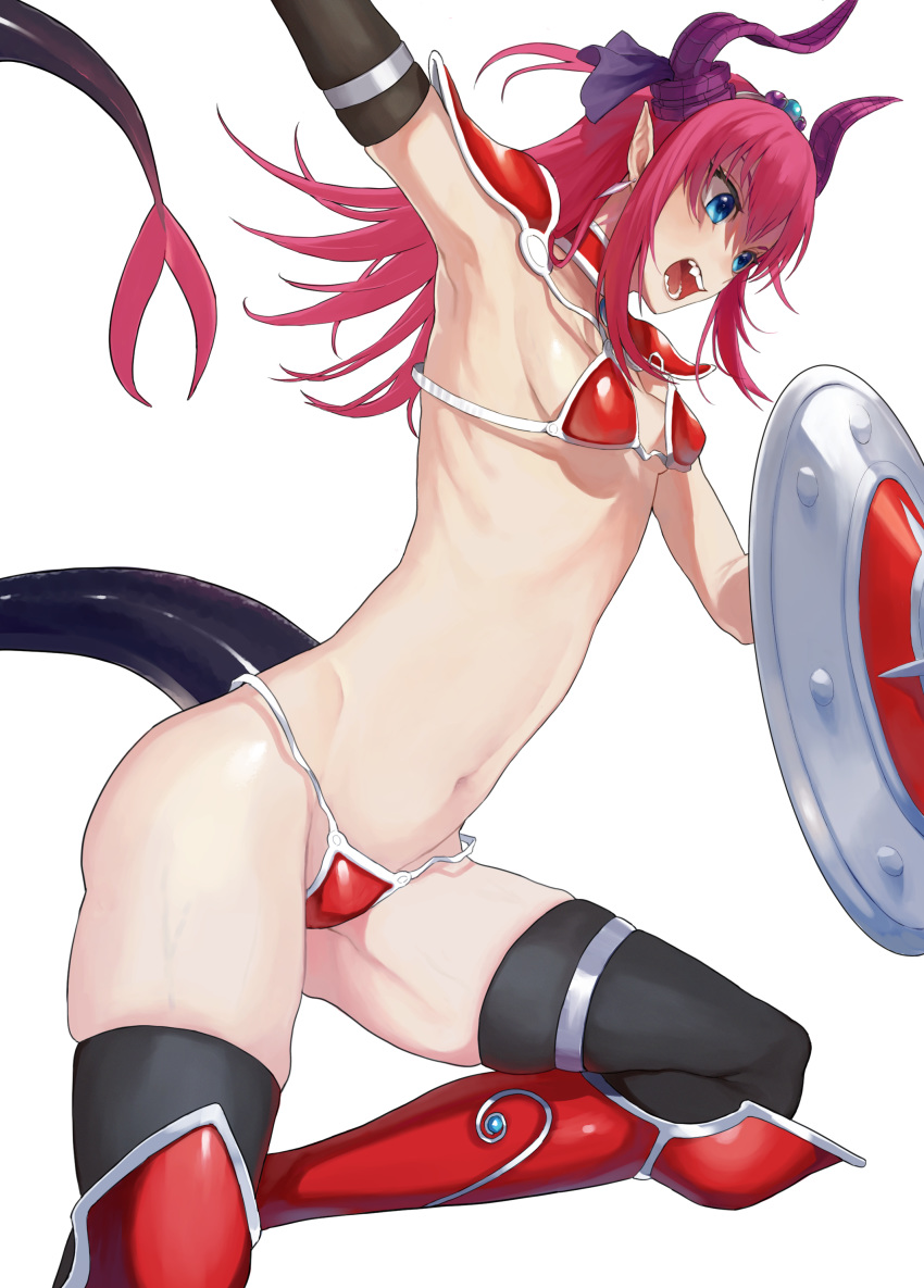 1girl absurdres armor bikini bikini_armor blue_eyes breasts collar commentary_request dragon_tail earrings elbow_gloves elizabeth_bathory_(brave)_(fate) elizabeth_bathory_(fate)_(all) fangs fate/extra fate/extra_ccc fate/grand_order fate_(series) gloves hakisou highres holding_shield horns jewelry long_hair navel pauldrons pink_hair pointy_ears red_armor red_bikini shield sidelocks silver_trim simple_background skindentation small_breasts solo swimsuit tail teeth thighhighs white_background