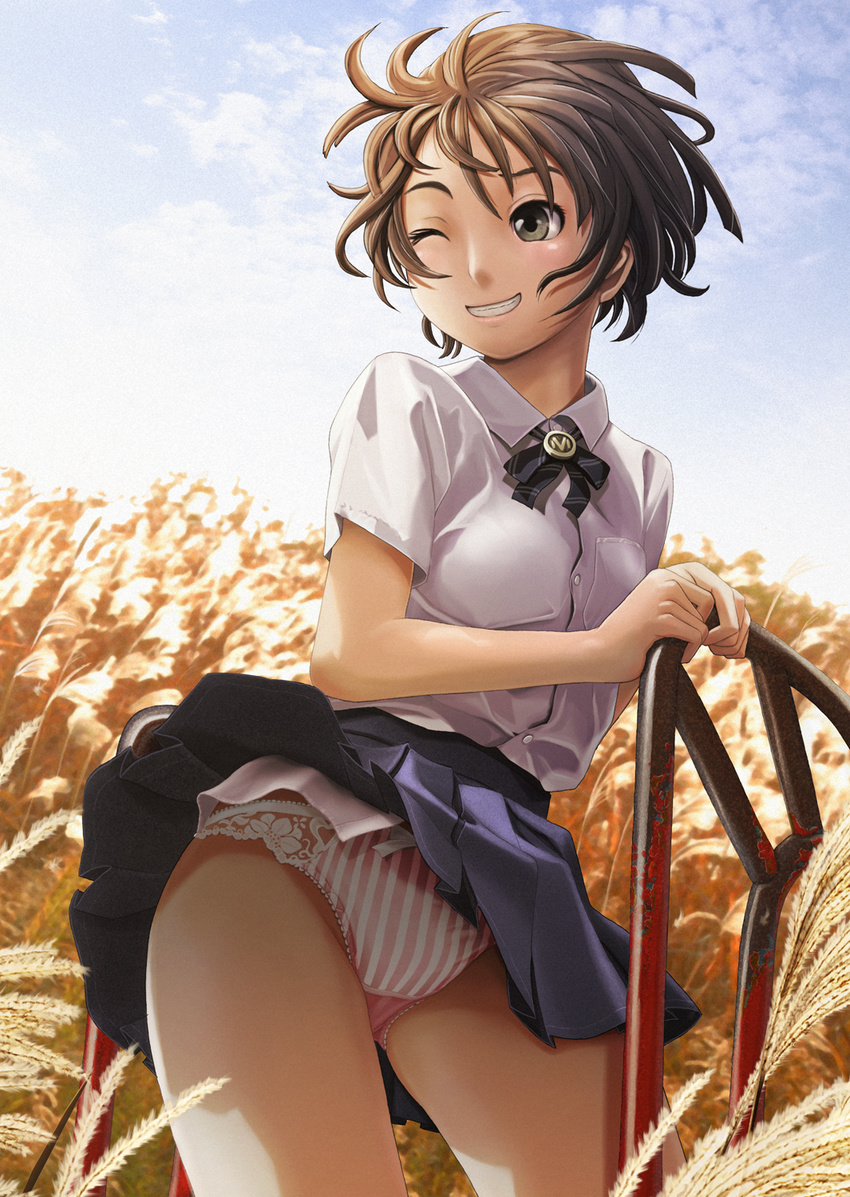 brown_eyes brown_hair grin highres lace one_eye_closed original panties pantyshot school_uniform skirt smile solo striped underwear upskirt v-mag vertical-striped_panties vertical_stripes wind wind_lift