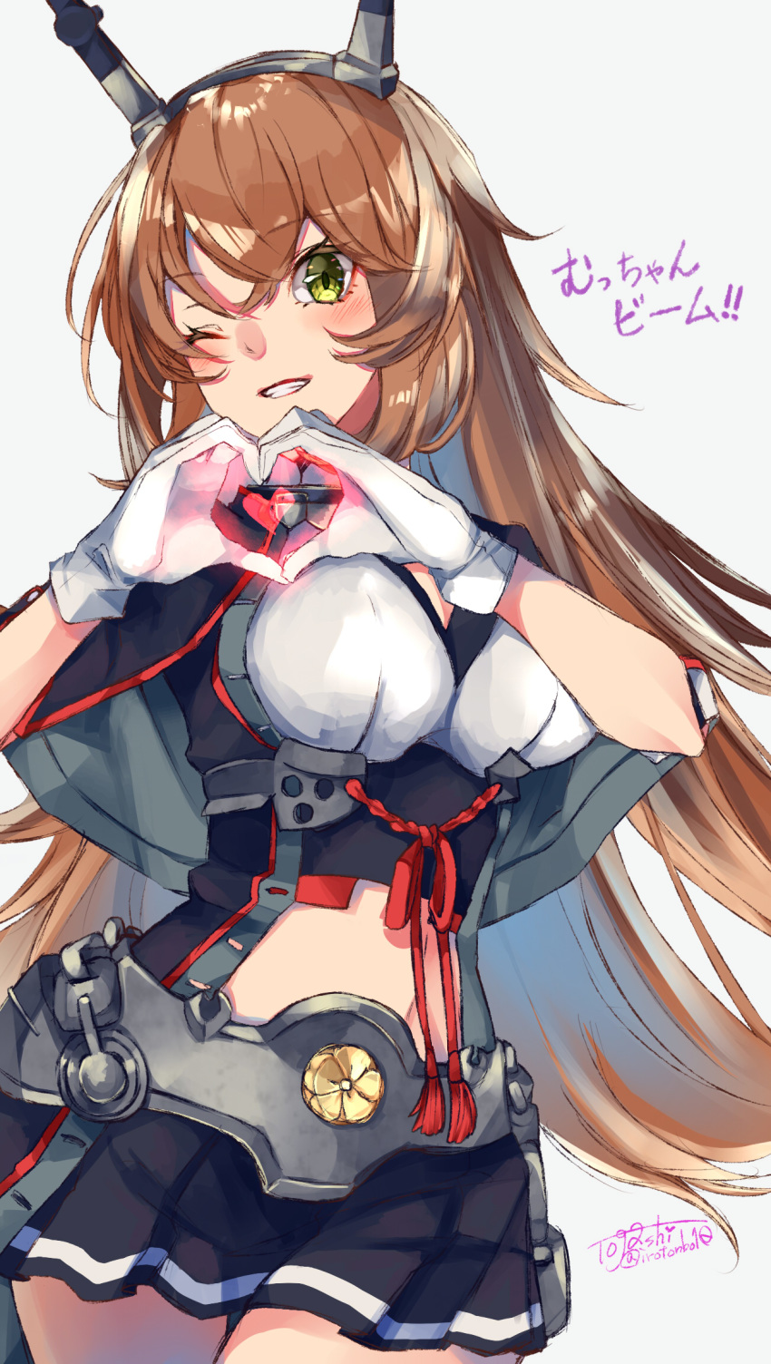 1girl alternate_hair_length alternate_hairstyle artist_name black_capelet black_jacket black_skirt breasts brown_hair capelet collar flipped_hair gloves green_eyes heart_shape highres jacket kantai_collection large_breasts long_hair looking_at_viewer metal_collar midriff mutsu_(kantai_collection) navel one_eye_closed pleated_skirt remodel_(kantai_collection) simple_background skirt solo striped striped_skirt togashi_(choco-bakama_kitchen) upper_body white_background white_gloves