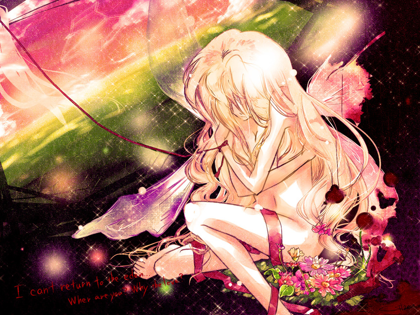 blonde_hair breasts english flower hanon_(nonty) long_hair macross macross_frontier nude sheryl_nome small_breasts solo text_focus wings