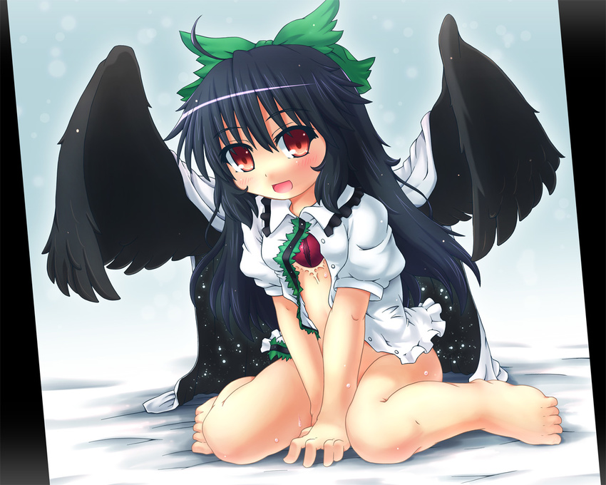 barefoot black_hair blush bottomless bow etogami_kazuya eyes feet long_hair red_eyes reiuji_utsuho solo touhou wings