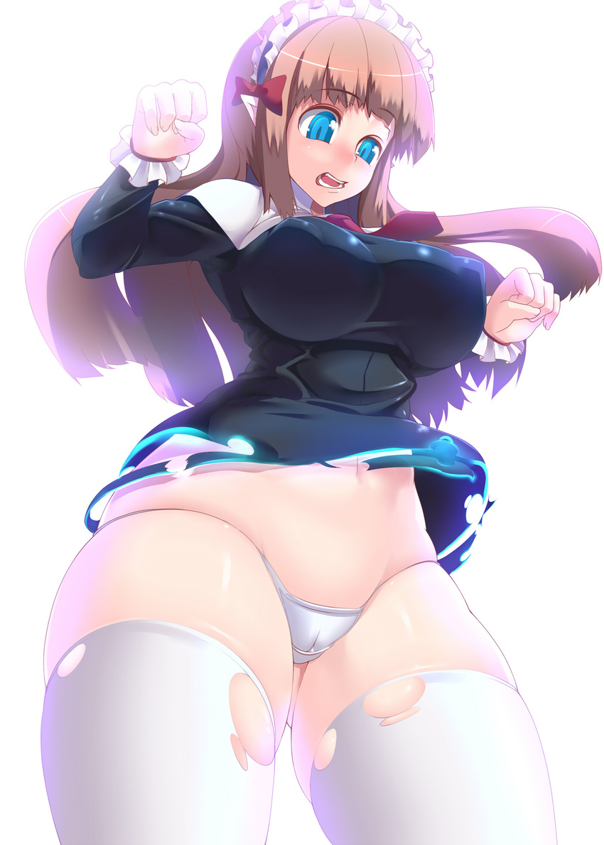 blue_eyes breasts cameltoe cleavage covered_nipples curvy disgaea fang highres huge_breasts mage_(disgaea) panties plump pointy_ears potion_(moudamepo) skirt skirt_lift solo surprised surprised_arms thighhighs torn_clothes underwear white_panties