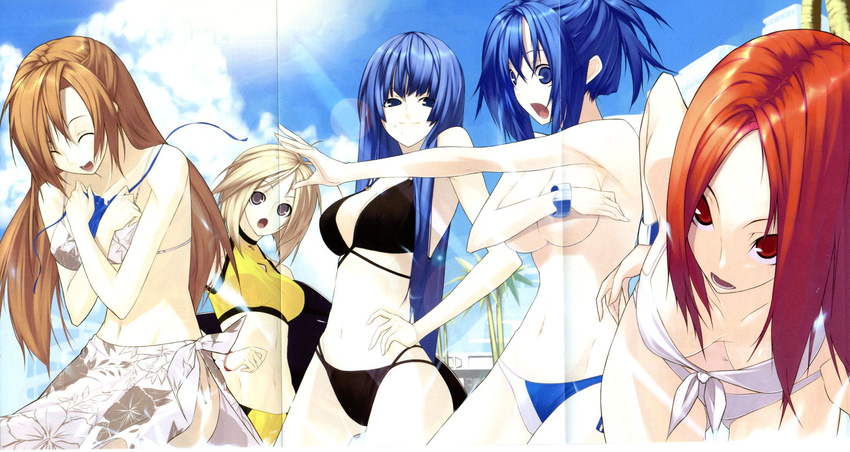 bent_over bikini black_bikini blonde_hair blue_bikini blue_eyes blue_hair breast_hold breasts brown_hair cleavage cloud covering covering_breasts crease day downblouse genderswap genderswap_(mtf) highres kampfer kondou_mikoto large_breasts medium_breasts midriff mishima_akane multiple_girls navel open_mouth outdoors print_sarong red_eyes red_hair sakura_kaede sangou_shizuku sarong scan scan_artifacts senmu senou_natsuru sky smile sun swimsuit topless white_bikini white_sarong yellow_bikini