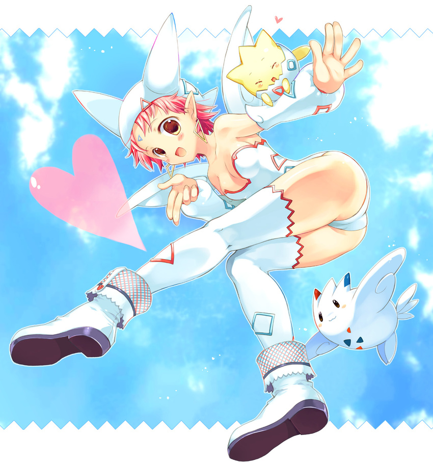bad_id bad_pixiv_id costume day earrings gen_2_pokemon gen_4_pokemon hat heart highres jewelry legs moemon personification pink_hair pointy_ears pokemon pokemon_(creature) sky takeda_mika thighhighs togekiss togepi togetic wings yellow_eyes