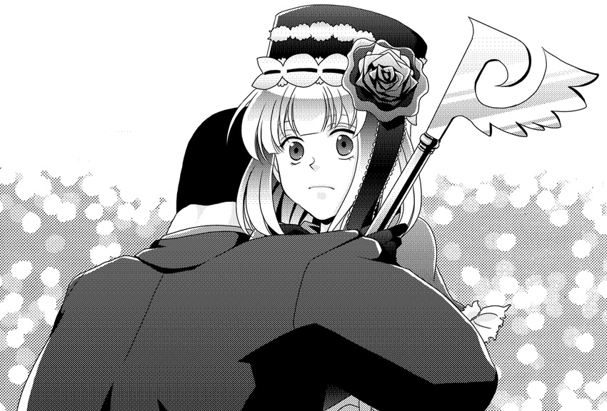 1girl bad_id bad_pixiv_id edamame-zanmai eva_beatrice flower greyscale hat hug monochrome rose short_hair staff umineko_no_naku_koro_ni ushiromiya_hideyoshi