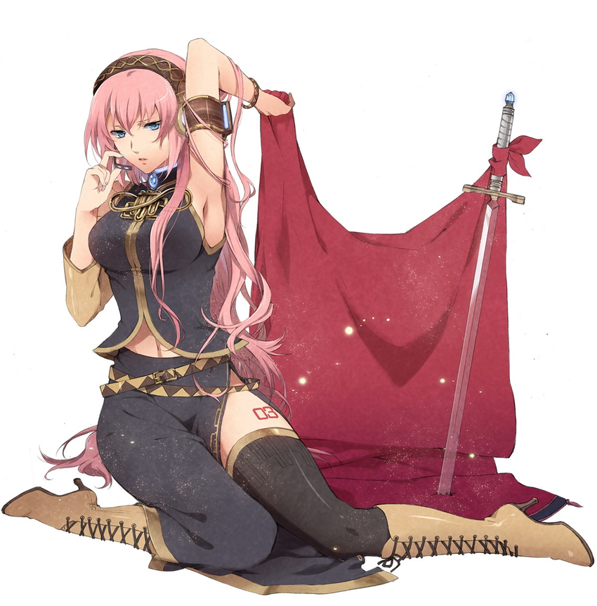 armpits blue_eyes boots breasts highres knee_boots kneeling large_breasts legs long_hair megurine_luka midriff murakami_yuichi navel pink_hair skirt solo sword thighhighs vocaloid weapon