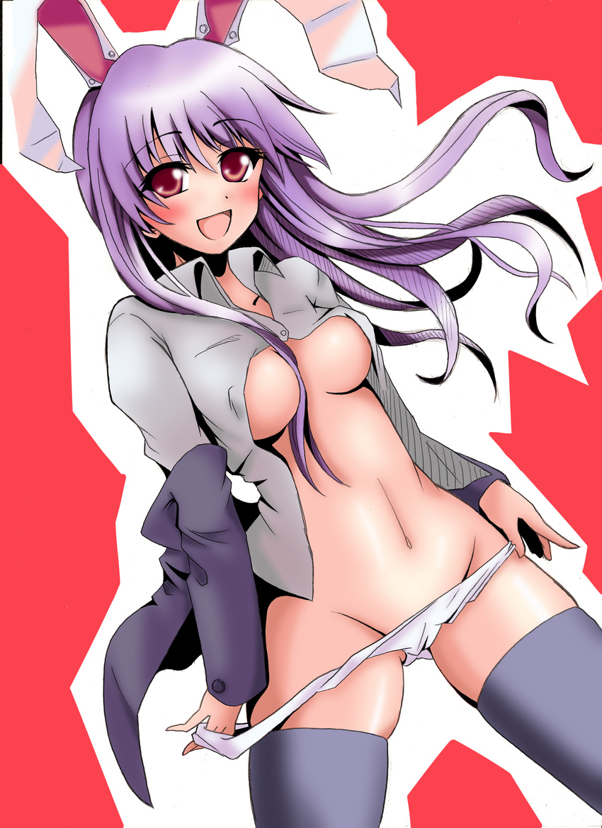absurdres animal_ears blush breasts bunny_ears groin highres hirayama-h medium_breasts open_clothes open_shirt panties panty_pull reisen_udongein_inaba shirt solo thighhighs touhou underboob underwear