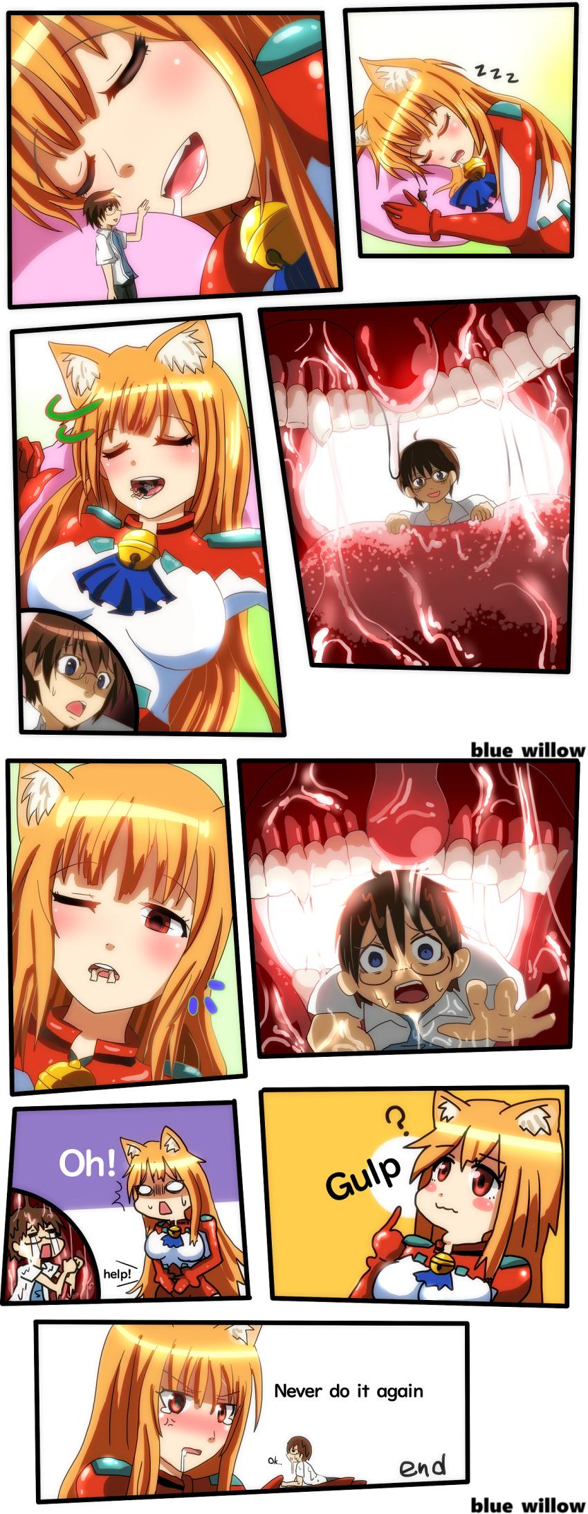 1boy 1girl ? accident accidental_vore anger_vein angry animal_ears artist_name asobi_ni_iku_yo! bell blue_eyes blue_willow blush blush_stickers breasts brown_hair cat_ears clueless comic drooling english_text eris_(asobi_ni_iku_yo!) eyebrows_visible_through_hair eyes_closed fangs giantess glasses inside_creature kakazu_kio large_breasts long_hair long_image no_pupils o_o oops open_mouth orange_hair pillow red_eyes saliva saliva_trail sharp_teeth short_hair size_difference sleeping swallowing sweat tall_image tears teeth text_focus throat_bulge tongue uvula vore wet zzz