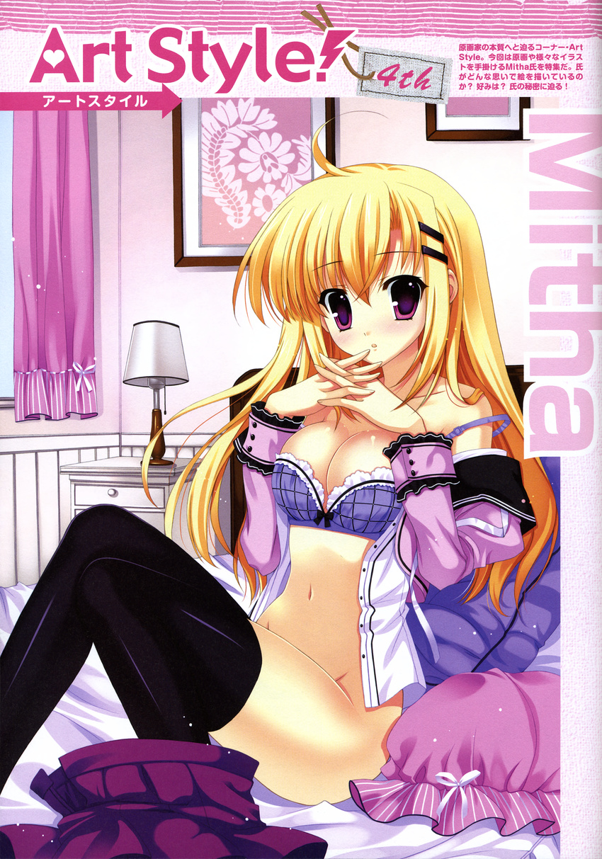 absurdres bed blonde_hair bra breasts cleavage copyright_request highres huge_filesize large_breasts lingerie mitha no_panties purple_eyes solo thighhighs underwear