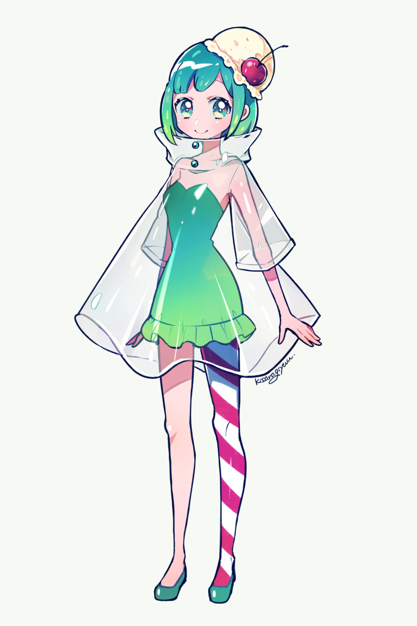 1girl asymmetrical_legwear bangs cherry commentary_request diagonal_stripes dress food food_as_clothes fruit full_body gradient_dress gradient_hair green_dress green_eyes green_footwear green_hair highres ice_cream kisaragi_yuu_(fallen_sky) looking_at_viewer multicolored_hair original see-through shoes short_dress short_hair signature simple_background single_scoop sleeveless sleeveless_dress solo standing strapless strapless_dress striped striped_legwear white_background