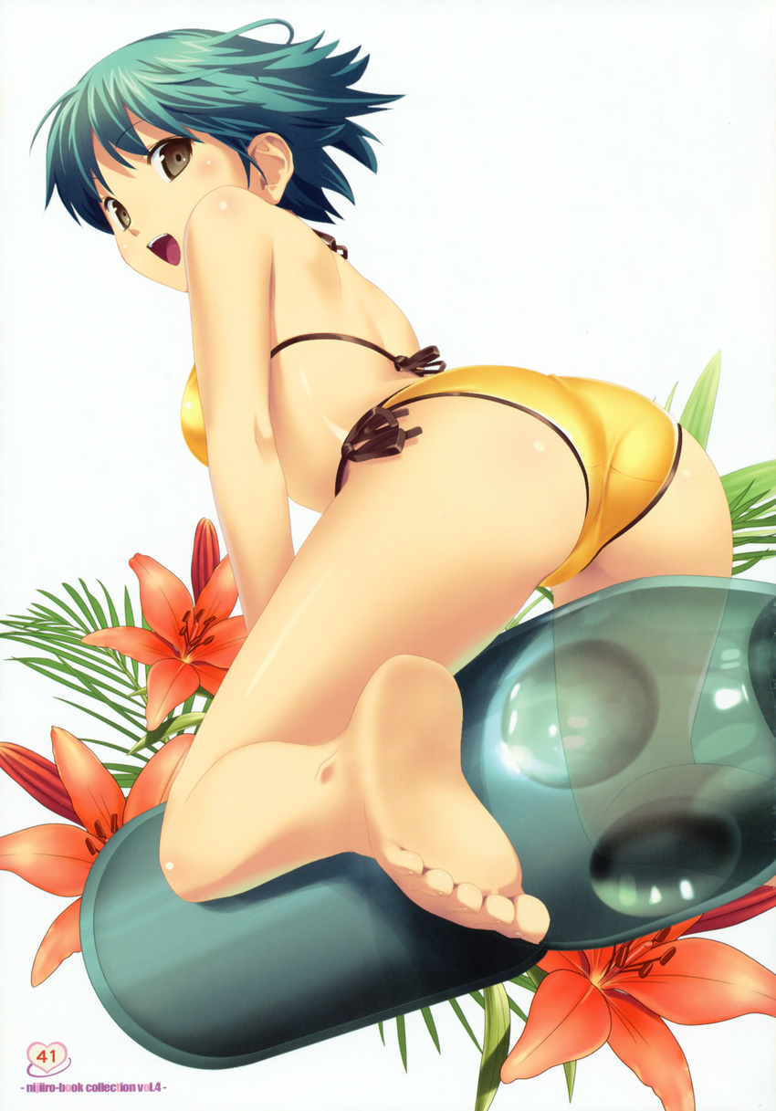 absurdres arched_back ass barefoot bikini brown_eyes feet flower from_behind green_hair highres koutaro lily_(flower) looking_back open_mouth original ramune short_hair side-tie_bikini smile solo swimsuit yellow_eyes