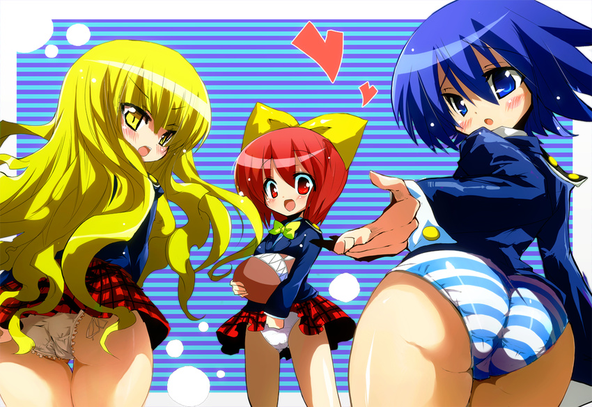 ass bad_id bad_pixiv_id blonde_hair blue_eyes blue_hair kuchinashi_(needless) mio_(needless) multiple_girls needless panties red_eyes red_hair setsuna_(needless) shimejinameko striped striped_panties underwear white_panties yellow_eyes