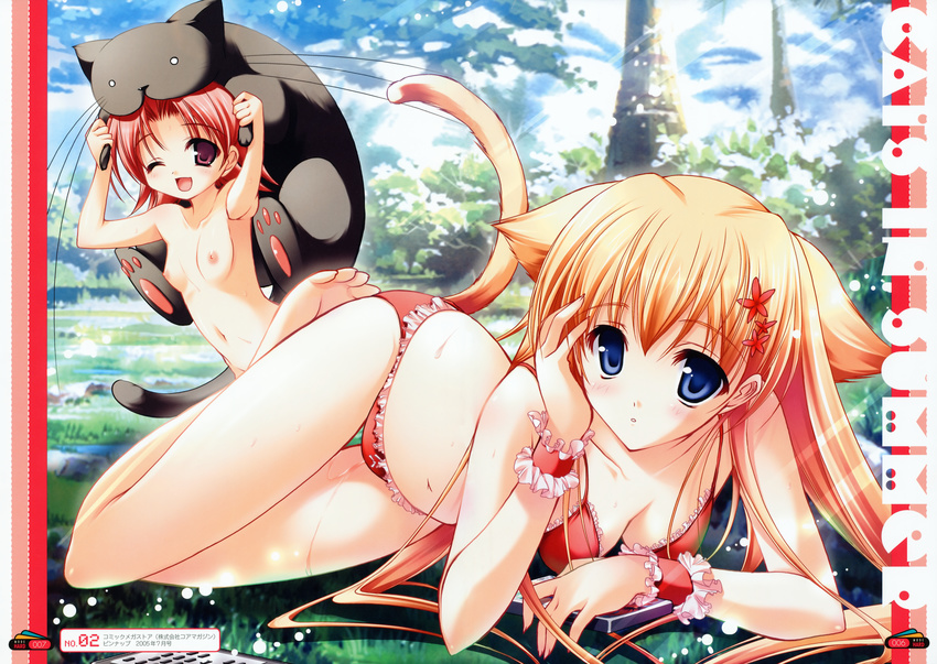 absurdres animal_ears arm_garter barefoot bikini blonde_hair blue_eyes breasts cat_ears cat_tail cleavage copyright_request flat_chest highres huge_filesize medium_breasts misakura_nankotsu multiple_girls navel nipples nude one_eye_closed open_mouth small_breasts smile swimsuit tail thigh_gap wet wrist_cuffs