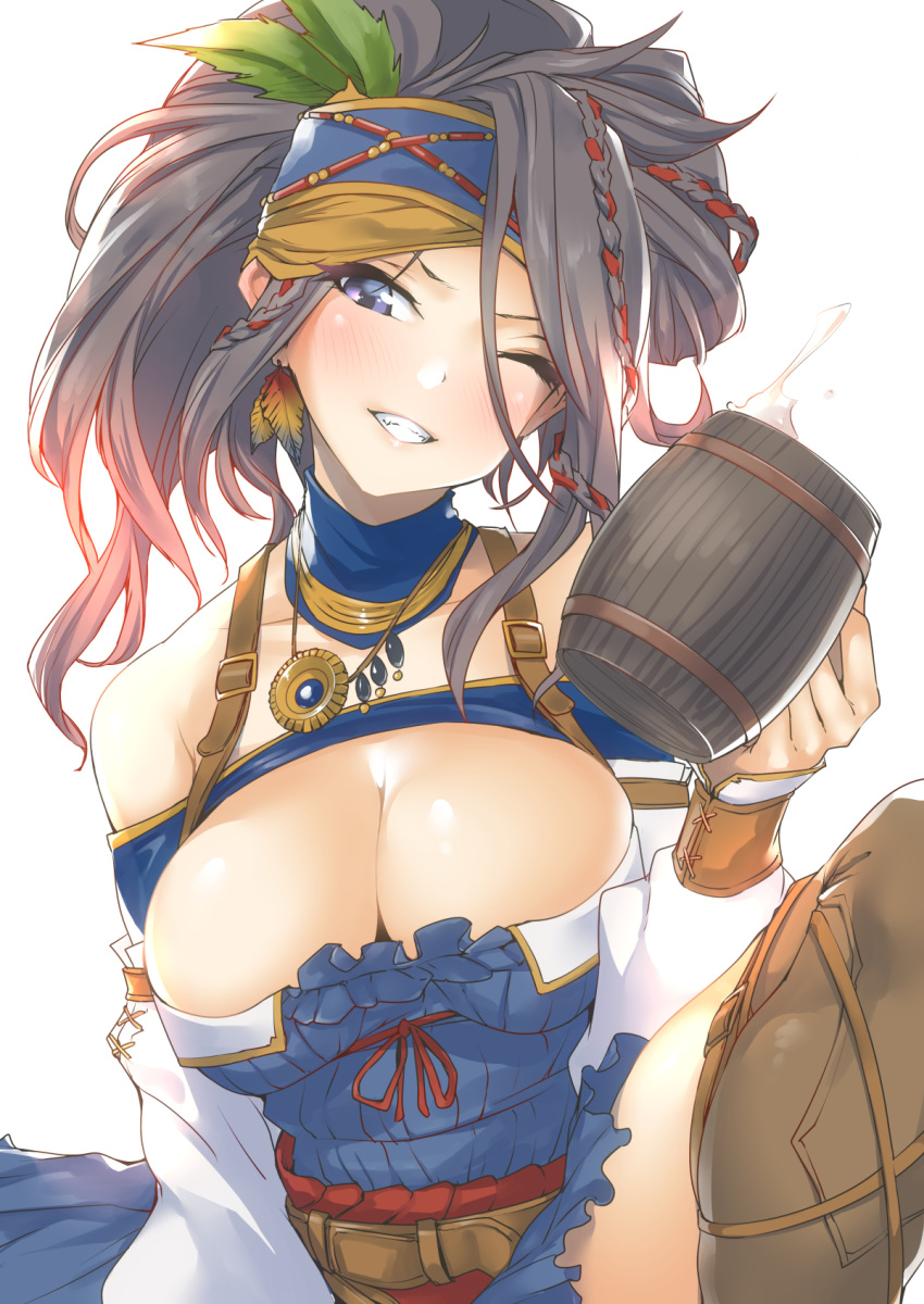 1girl alcohol bangs bare_shoulders beer beer_keg beer_mug belt black_hair blue_eyes blush braid breasts cleavage granblue_fantasy grin hairband headband highres jewelry large_breasts leaf long_hair looking_at_viewer necklace nukkoru one_eye_closed pendant sig_(granblue_fantasy) simple_background sitting smile solo suspenders white_background