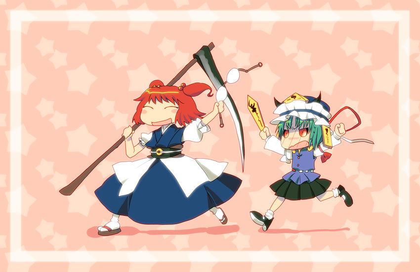 absurdres angry bad_id bad_pixiv_id blush bra bra_removed chasing chibi closed_eyes clothes_theft green_hair hachi_(8bit_canvas) hat highres holding holding_bra lingerie multiple_girls onozuka_komachi open_mouth red_eyes red_hair rod_of_remorse scythe shiki_eiki short_hair theft touhou underwear underwear_theft white_bra
