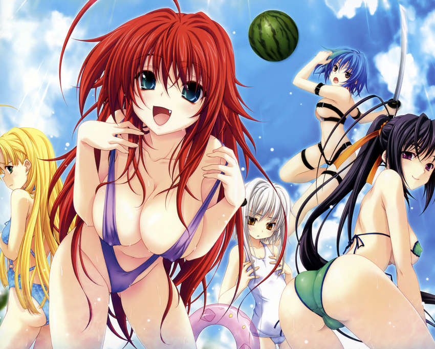 :d :o absurdres ahoge antenna_hair armband asia_argento ass bangs belt bent_over bikini black_hair blonde_hair blue_eyes blue_hair blush breast_envy breast_grab breasts casual_one-piece_swimsuit cleavage cloud covered_nipples covering covering_breasts day embarrassed everyone fang flat_chest food from_behind frown fruit grabbing green_eyes groin hair_over_breasts hair_ribbon high_school_dxd highres himejima_akeno huge_ahoge innertube jumping large_breasts leaning_forward light_rays long_hair looking_at_viewer looking_back looking_down micro_bikini miyama-zero multiple_girls naughty_face official_art one-piece_swimsuit open_mouth outdoors ponytail purple_eyes red_hair rias_gremory ribbon school_swimsuit self_fondle short_hair sideboob sidelocks sky slingshot_swimsuit smile standing strap strap_slip string_bikini sunbeam sunlight swimsuit sword thigh_strap toujou_koneko transparent underboob very_long_hair watermelon weapon wet white_hair white_school_swimsuit white_swimsuit xenovia_quarta yellow_eyes