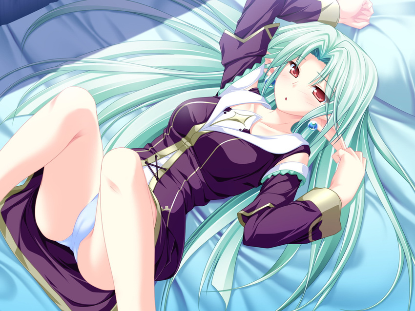aqua_hair bed blush cecile_absentia detached_sleeves dress earrings from_above highres jewelry long_hair lying magus_tale on_back panties pointy_ears red_eyes solo tenmaso underwear very_long_hair white_panties