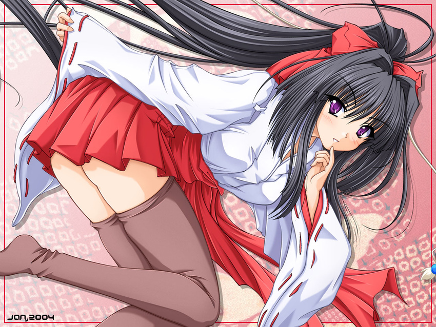 artist_request black_hair copyright_request japanese_clothes miko new_year purple_eyes ribbon skirt solo thighhighs