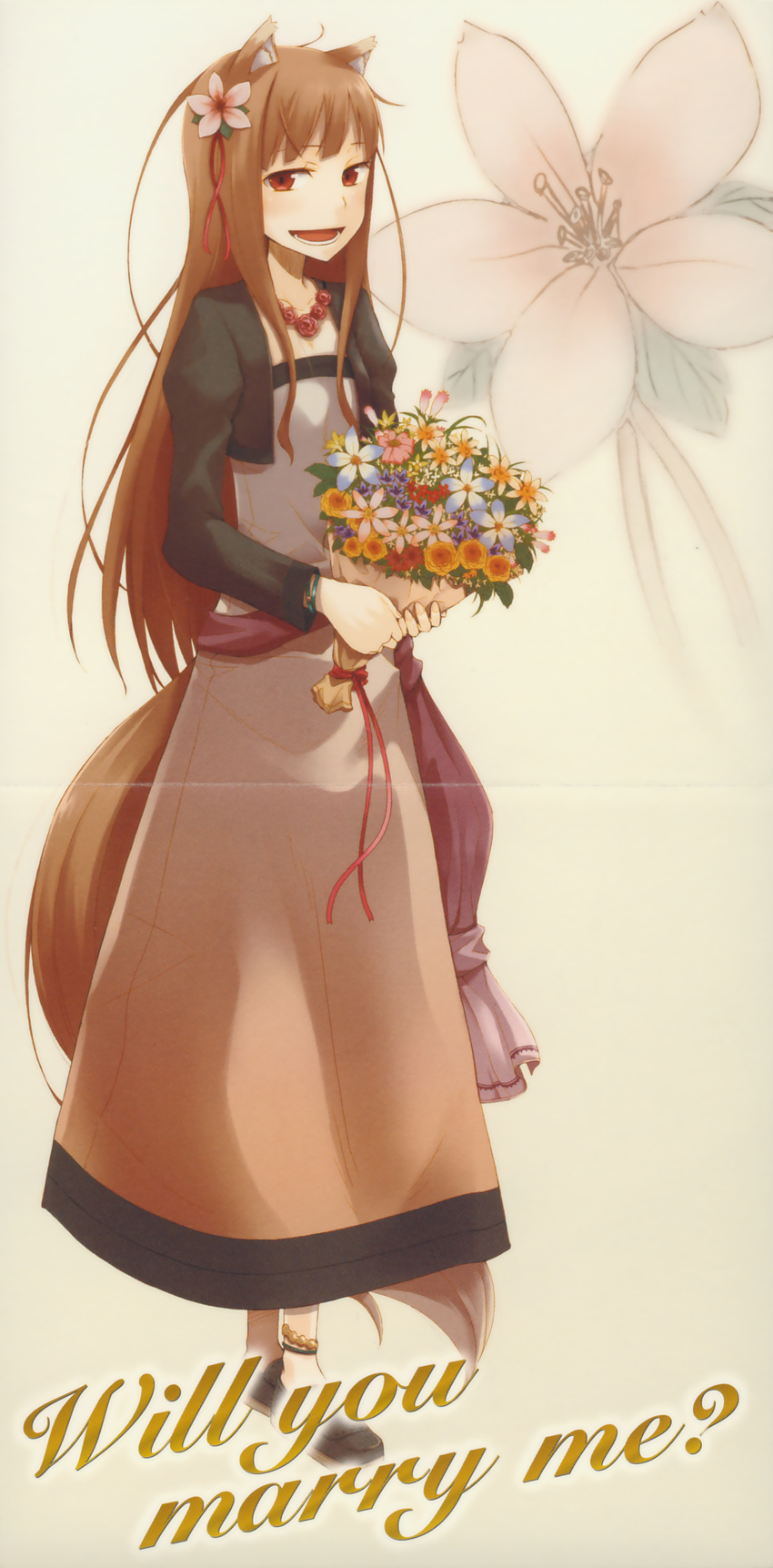 absurdres animal_ears anklet ayakura_juu bangle bouquet bracelet brown_hair cropped_jacket dress english flower hair_flower hair_ornament highres holo jewelry long_hair necklace red_eyes ribbon scan smile solo spice_and_wolf tail wolf_ears