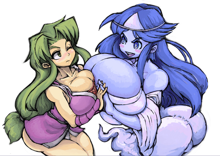 :d arm_guards ass asymmetrical_docking bangs bare_shoulders blue_eyes blue_hair blue_skin blush blush_stickers breast_contest breast_press breasts bursting_breasts cleavage collarbone curvy eye_contact fishnets flipped_hair from_side ganbare_goemon ghost green_eyes green_hair hair_tie holding_hands huge_breasts impossible_clothes interlocked_fingers japanese_clothes kimono leaning_forward long_hair long_sleeves looking_at_another low-tied_long_hair multiple_girls ninja nose_blush off_shoulder one_eye_closed onna_yuurei open_mouth panties pantyshot parted_bangs sash short_kimono sidelocks simple_background sleeveless smile teruki triangular_headpiece underwear v-shaped_eyebrows very_long_hair white_background white_panties wide_sleeves wince yae_(ganbare_goemon)