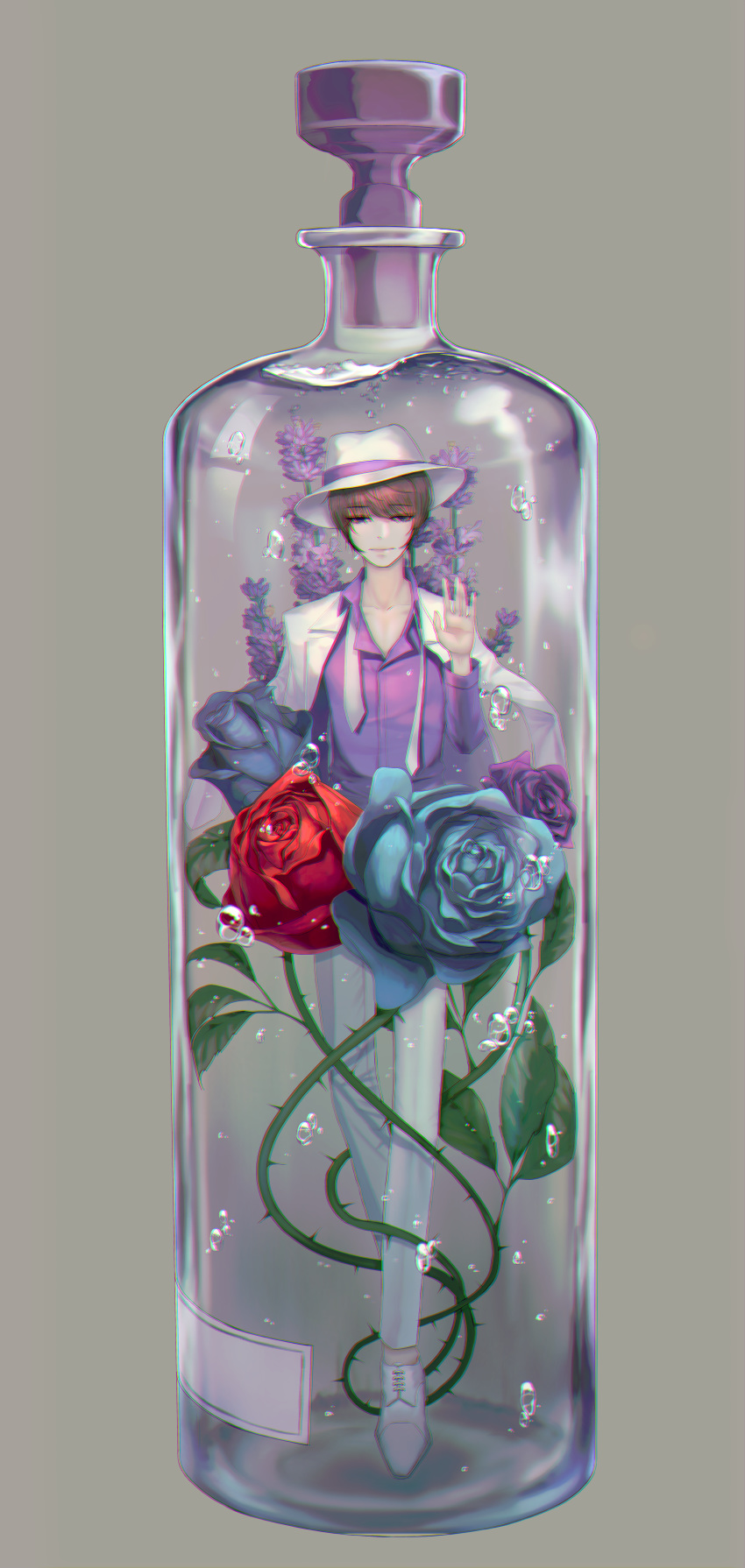 1boy absurdres air_bubble blue_flower bottle bubble flower formal grey_background hand_up hat highres huge_filesize hyacinth in_bottle in_container long_sleeves male_focus matsuno_ichimatsu osomatsu-san pants purple_eyes purple_flower purple_shirt red_flower rose s_s_zene shirt standing suit water white_footwear white_hat white_pants white_suit